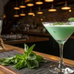 A Grasshopper cocktail garnished with mint