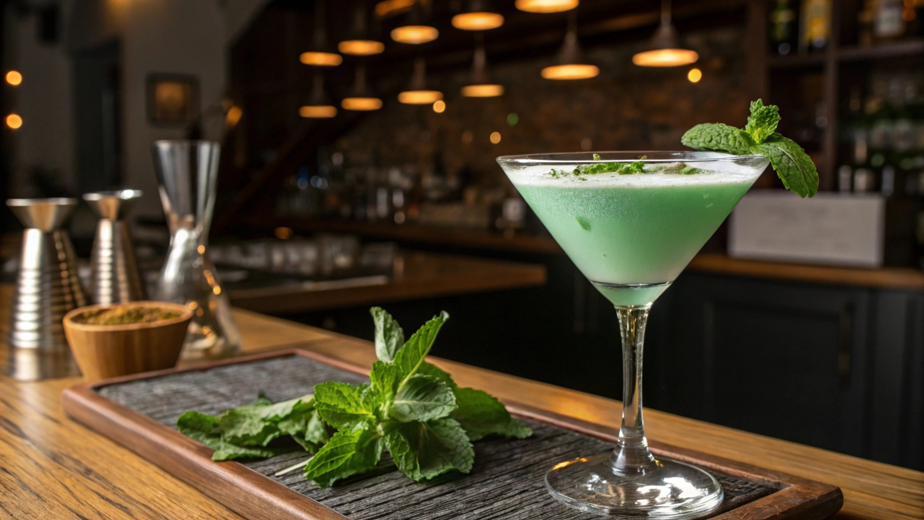 A Grasshopper cocktail garnished with mint