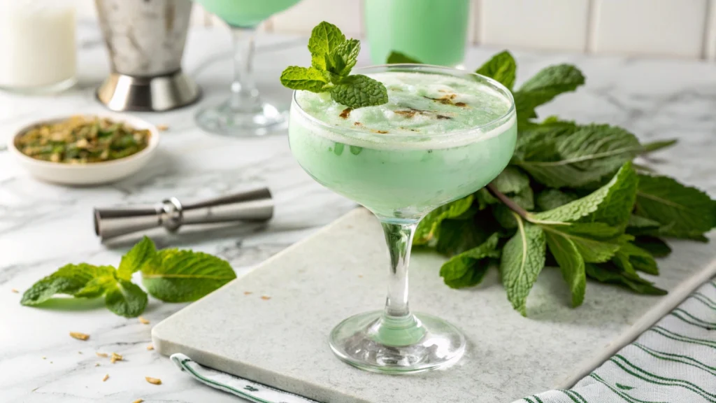 A Grasshopper cocktail with mint leaves.