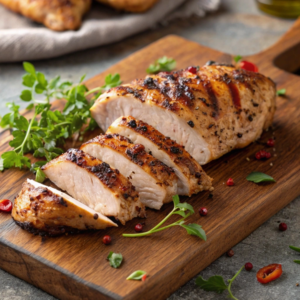 Grilled marinated chicken pieces on a cutting board