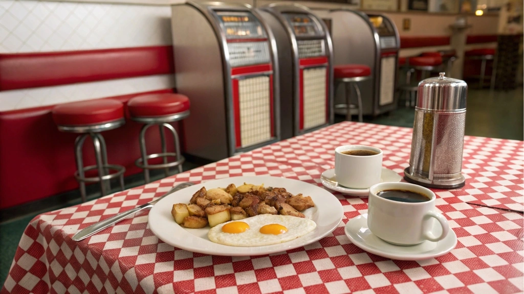 Vintage diner serving Potatoes O’Brien with eggs and coffee