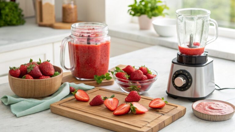 Bowl of fresh strawberry puree with fresh strawberries around