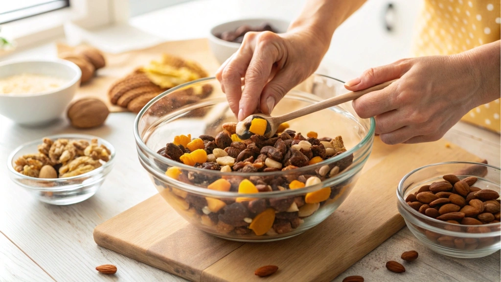 A person’s hands mixing trail mix ingredients in a large bowl