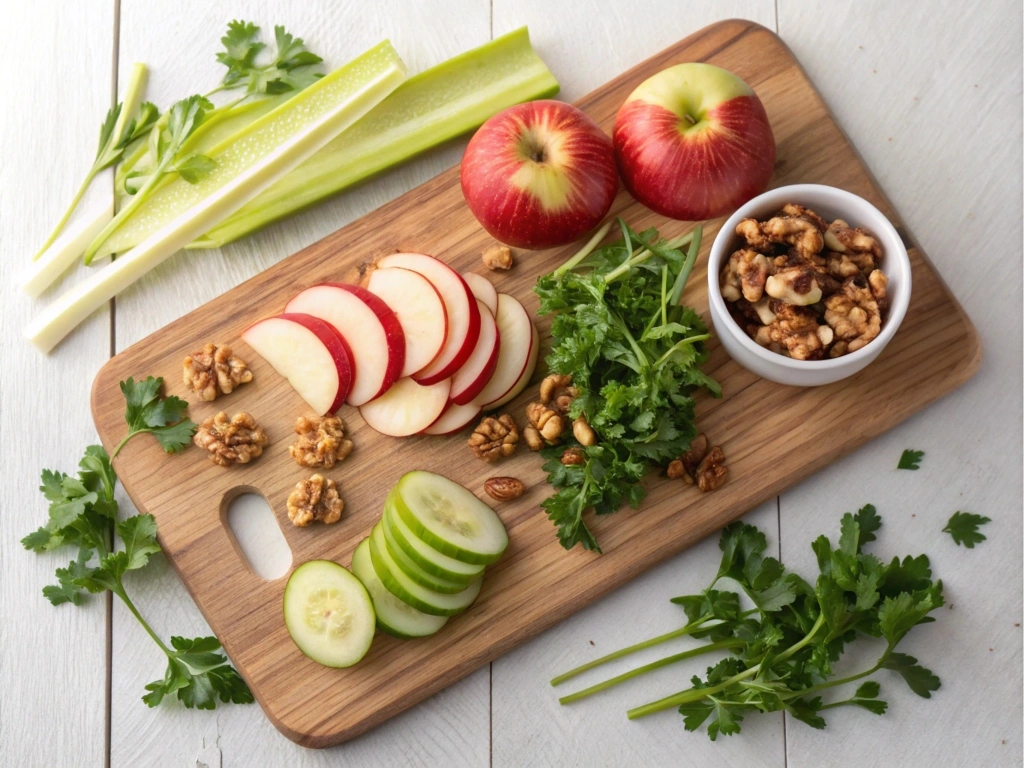 An assortment of fresh apples, greens, nuts, and dressing ingredients