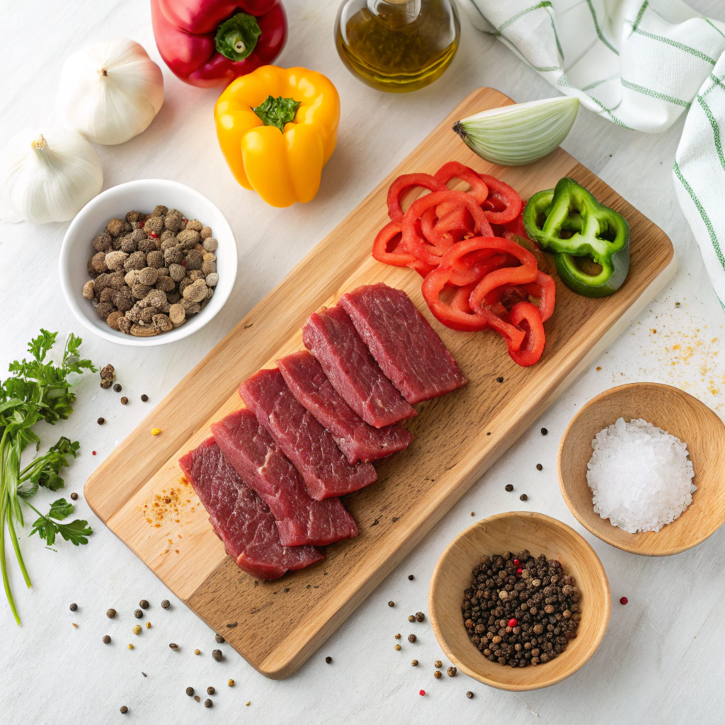 Fresh ingredients for Black Pepper Beef including beef slices, bell peppers, onions, and black pepper