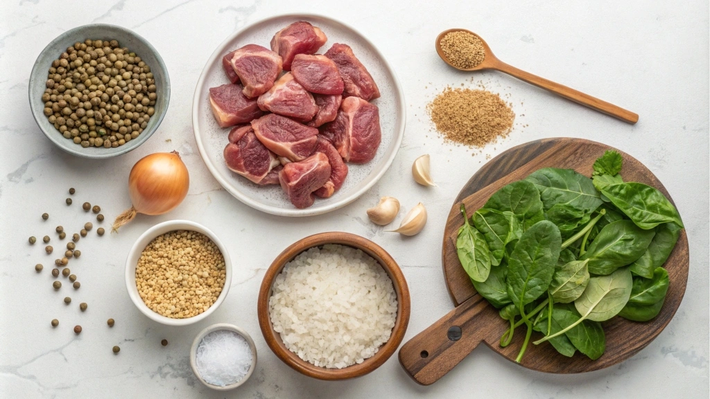 A flat lay of fresh ingredients: lamb, lentils, rice, spinach, and spices