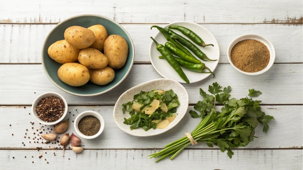  Ingredients for potato stuffing laid out on a wooden surface.