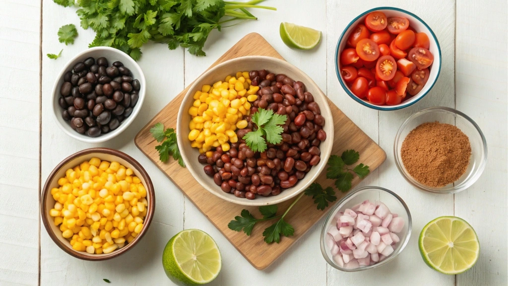 Core ingredients for Taco Soup Frios including beans, corn, tomatoes, and lime.