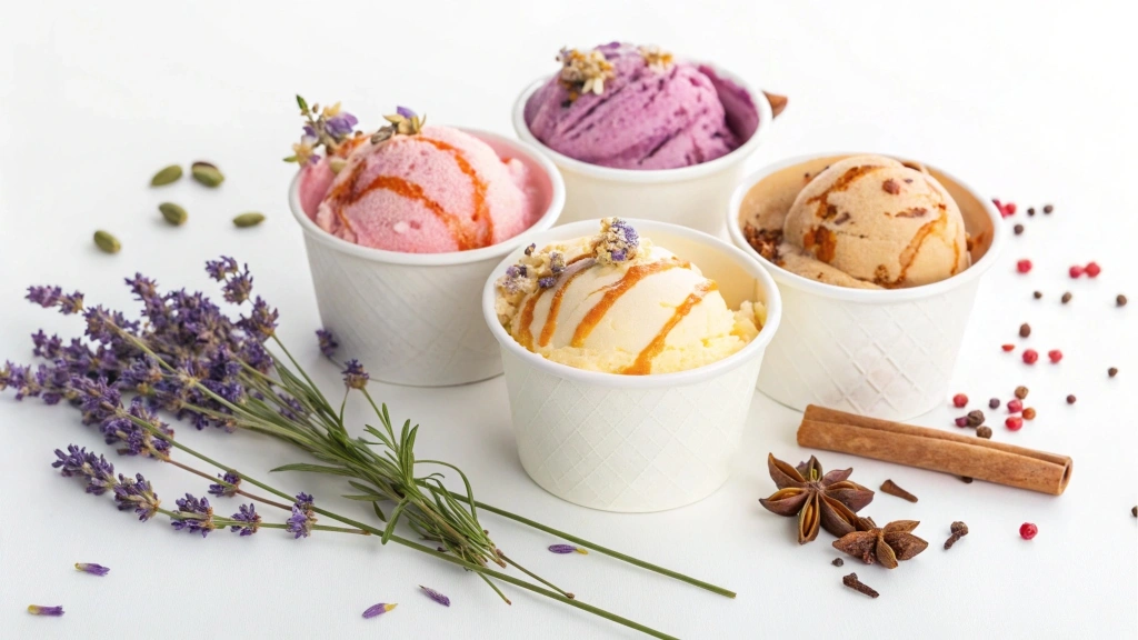 Three unique flavors of ice cream in small cups: Lavender Honeycomb, Rosemary Caramel Swirl, and Spiced Chai Latte.