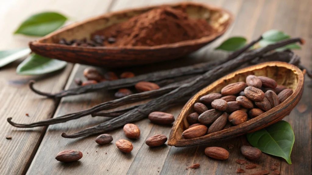 Cacao beans and vanilla pods on a wooden board.