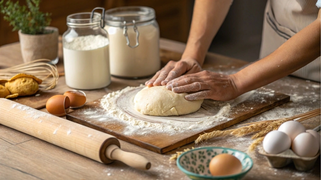  Smooth cinnamon roll dough being kneaded on a floured surface