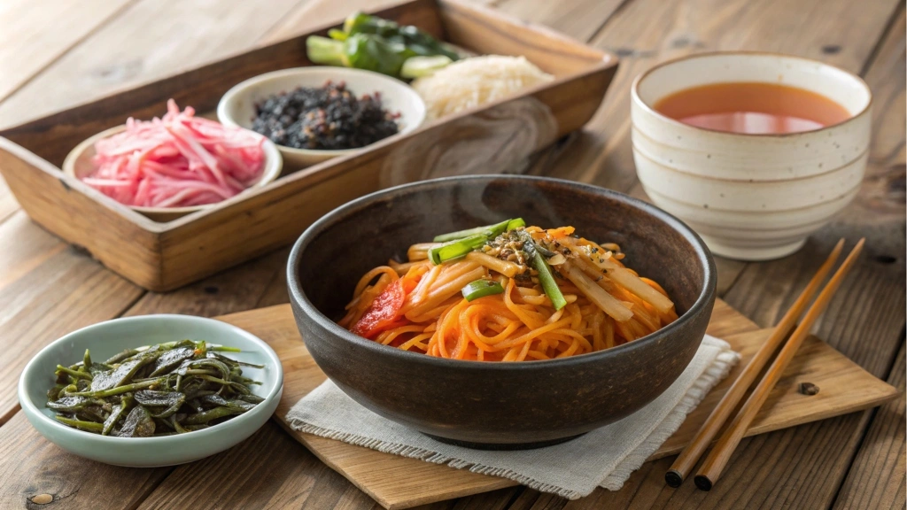 Korean noodles with traditional side dishes on a wooden table