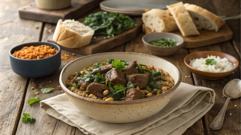 A plated dish of lamb, lentils, rice, and spinach, garnished with parsley