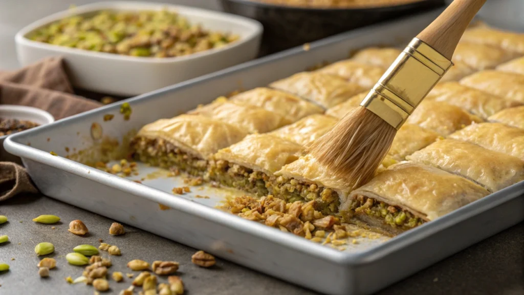 Baklava being assembled with layers of filo and nuts in a baking tray