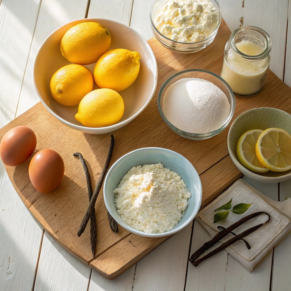 Ingredients for lemon ricotta pancakes arranged on a kitchen counter.