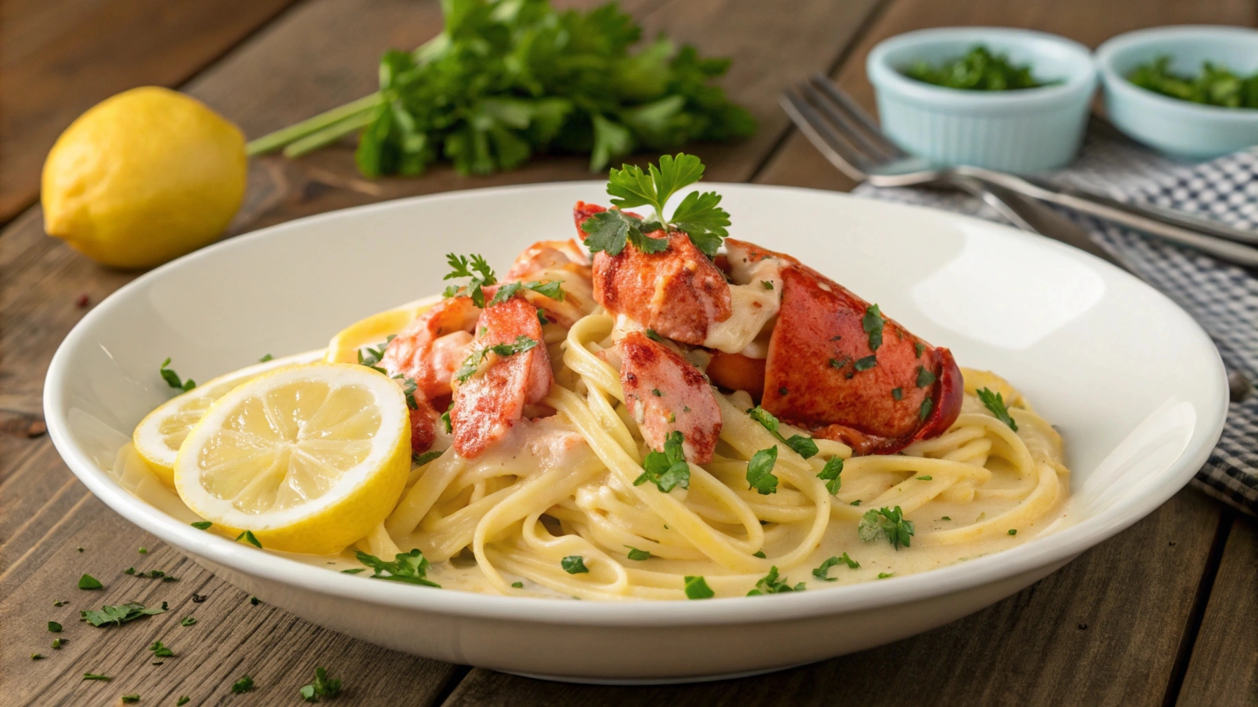 A plate of lobster pasta with creamy sauce and garnishes