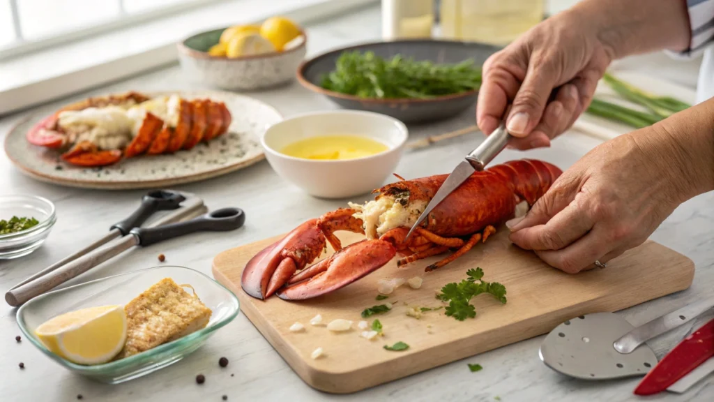 A step-by-step demonstration of removing lobster meat from the shell