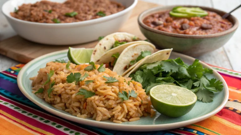 A plate of Mexican rice served with tacos and beans.