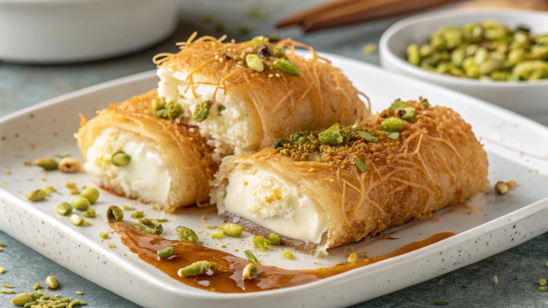 Middle Eastern kunafa made with filo pastry and garnished with pistachios