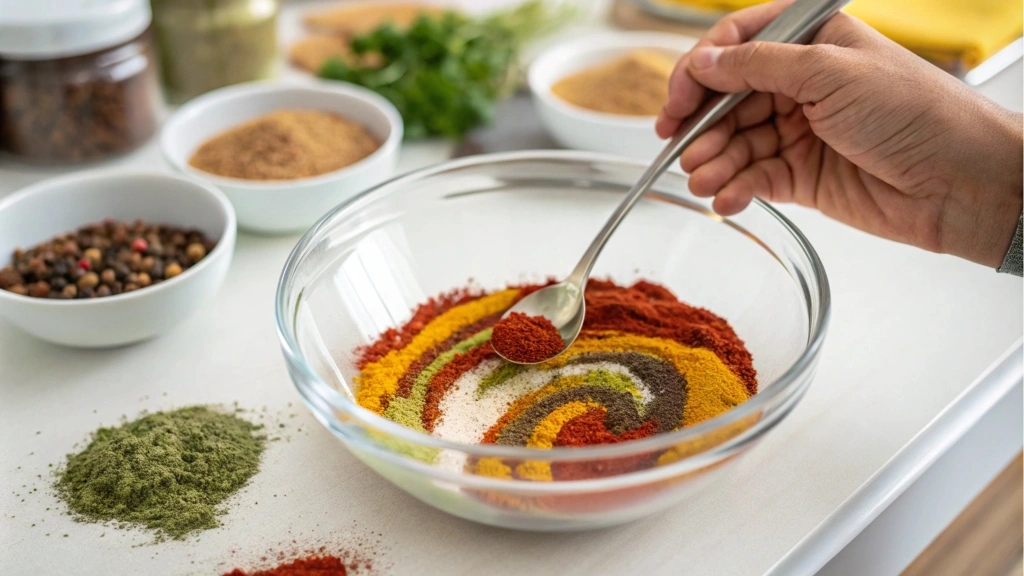 Mixing spices to create chicken taco seasoning in a glass bowl