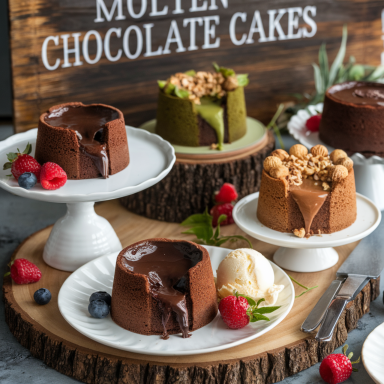 Molten chocolate cake variations, including green tea and hazelnut flavors