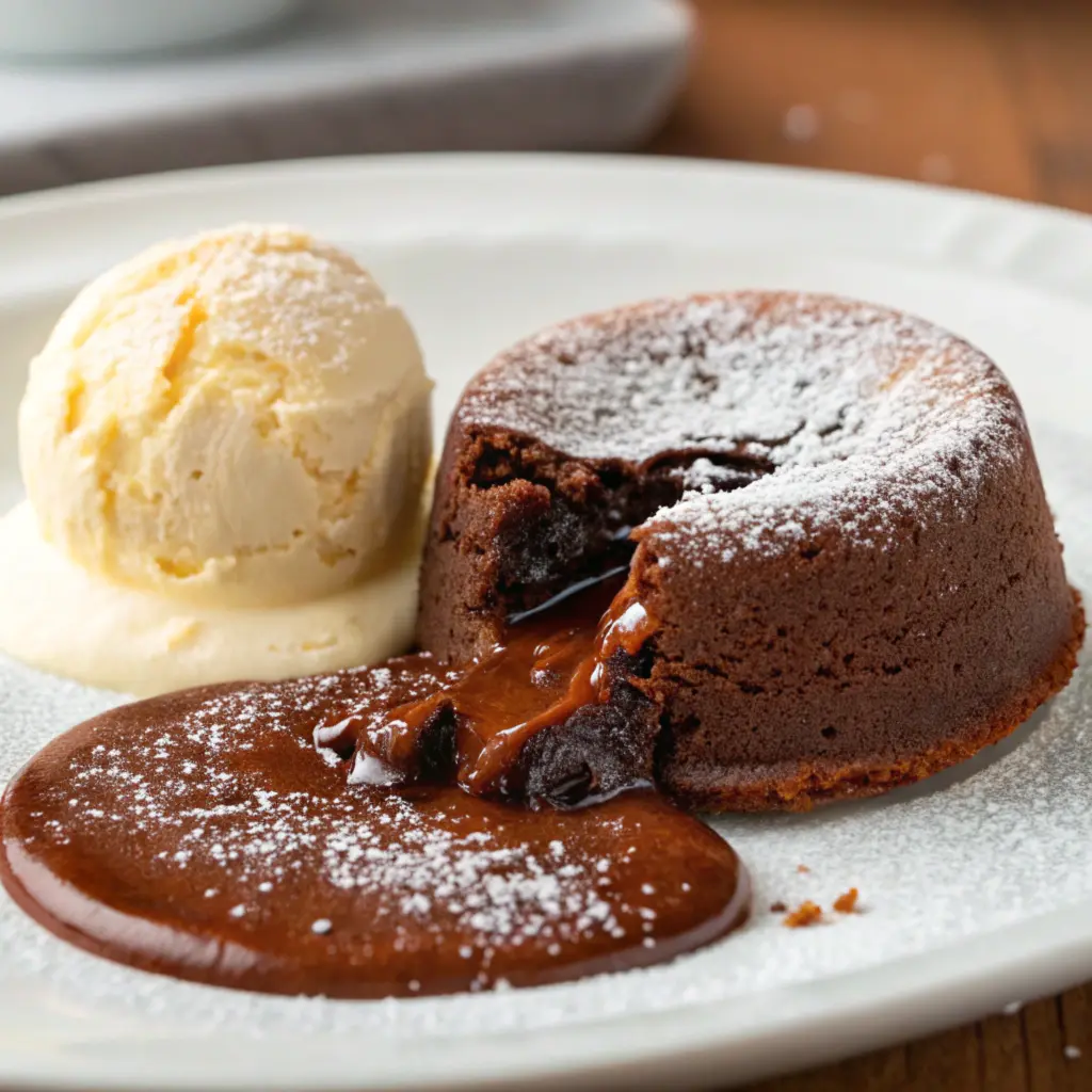 Molten chocolate cake dusted with powdered sugar and paired with vanilla ice cream