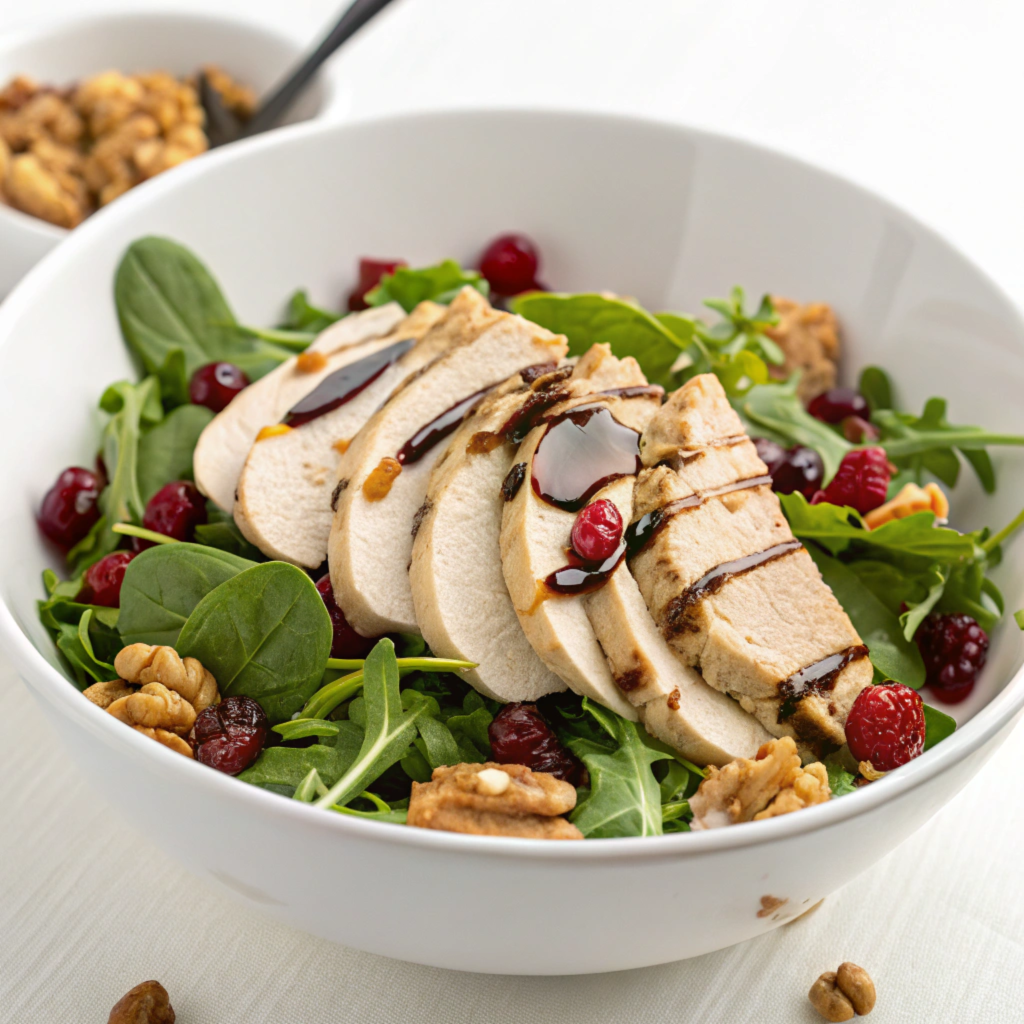 A healthy turkey breast salad with greens, cranberries, and walnuts.