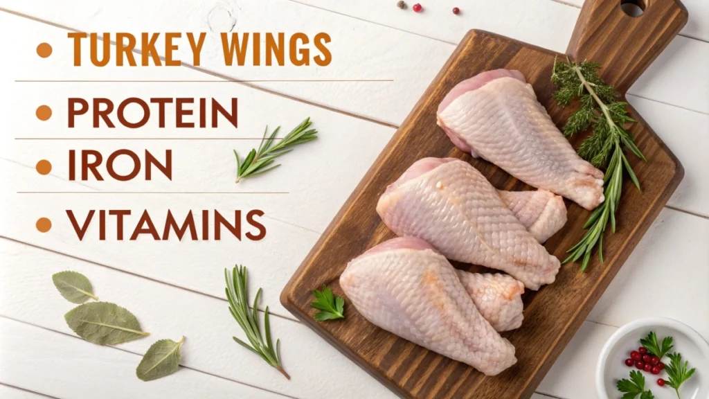 Turkey wings on a wooden board with nutritional labels