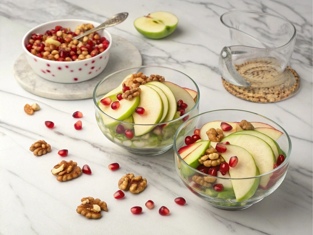 Apple salad served in individual clear glass bowls for a party setting