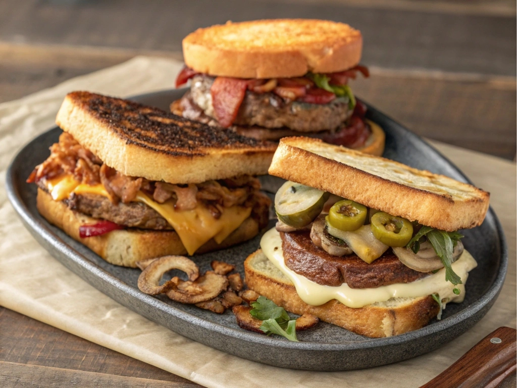 Different types of Patty Melt variations on a plate