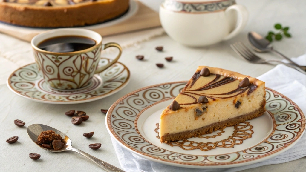 A slice of Reese’s caramel cheesecake served with coffee.