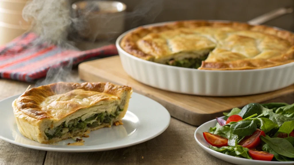 Freshly baked spanakopita with golden filo layers being served.