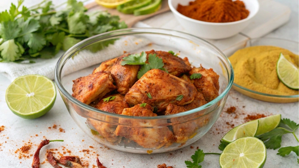 Chicken thighs marinating in a glass bowl with spices and citrus slices