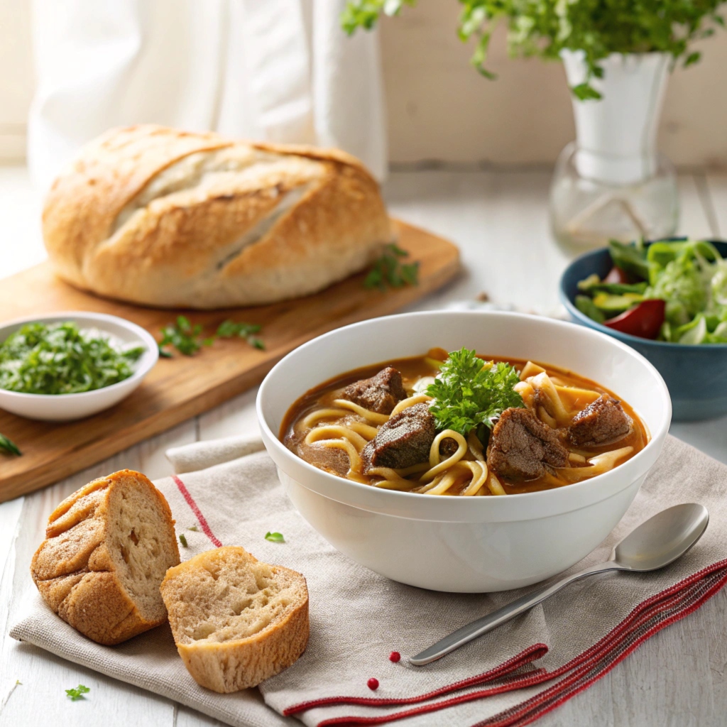 Beef and noodle soup served with bread and garnishes