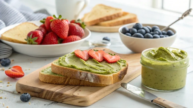 A bowl of yogurt topped with pistachio butter and fresh fruit