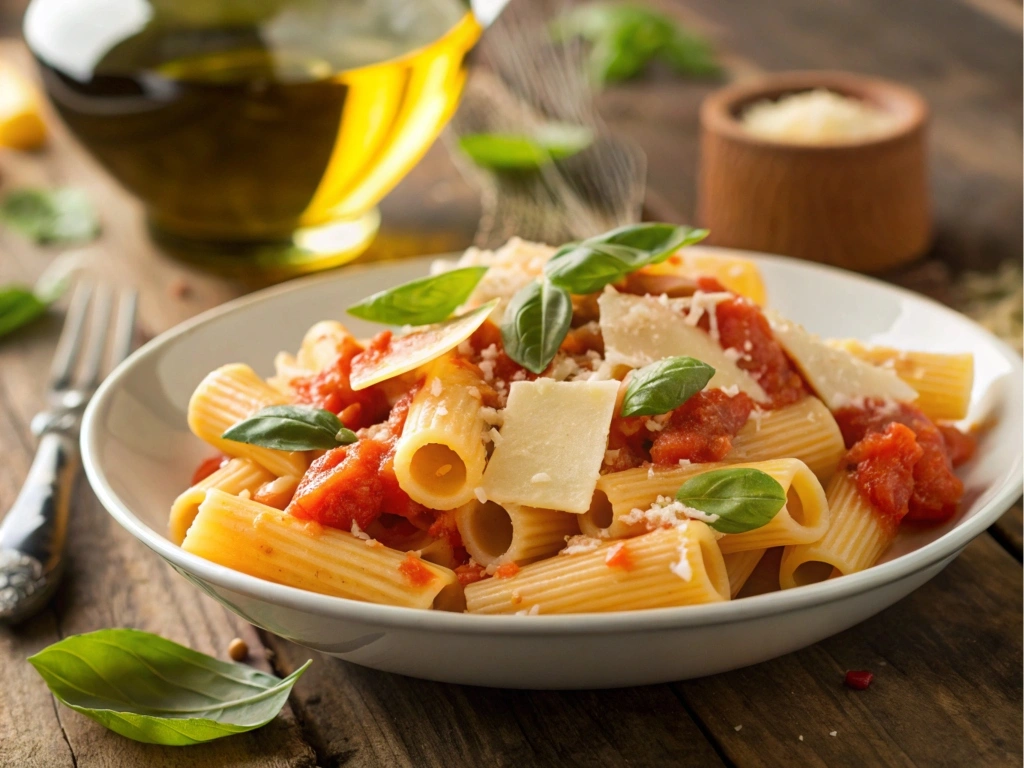 Plate of Rigatoni with Basil and Parmesan