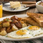 A plated Potatoes O’Brien breakfast with eggs and toast