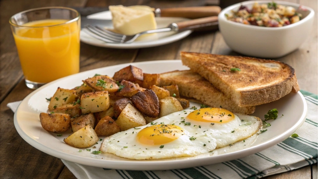 A plated Potatoes O’Brien breakfast with eggs and toast