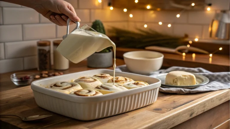 Heavy cream being poured over cinnamon rolls in a baking dish