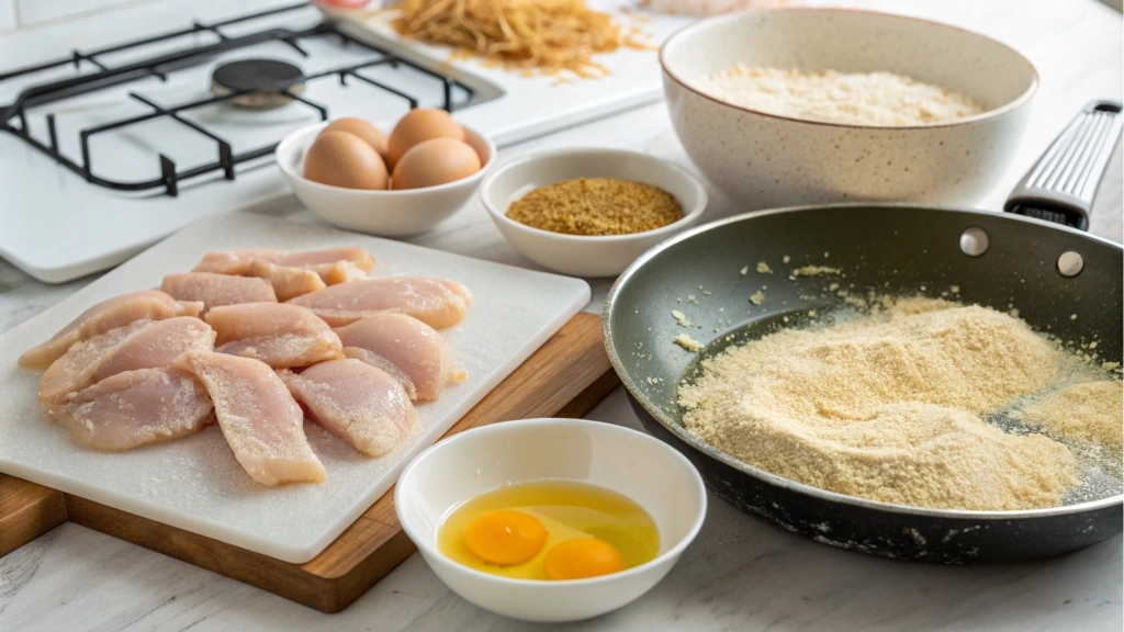 Step-by-step preparation of chicken fries showing raw chicken strips, breading station, and frying pan