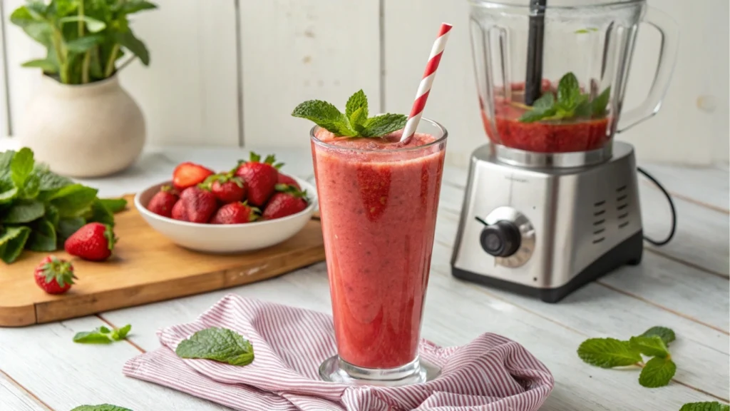 Glass of strawberry smoothie with a straw