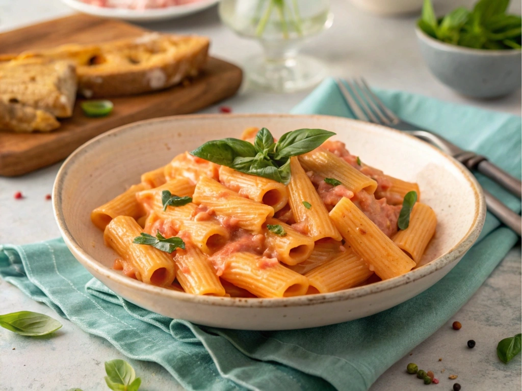 Baked rigatoni dish with cheese and basil