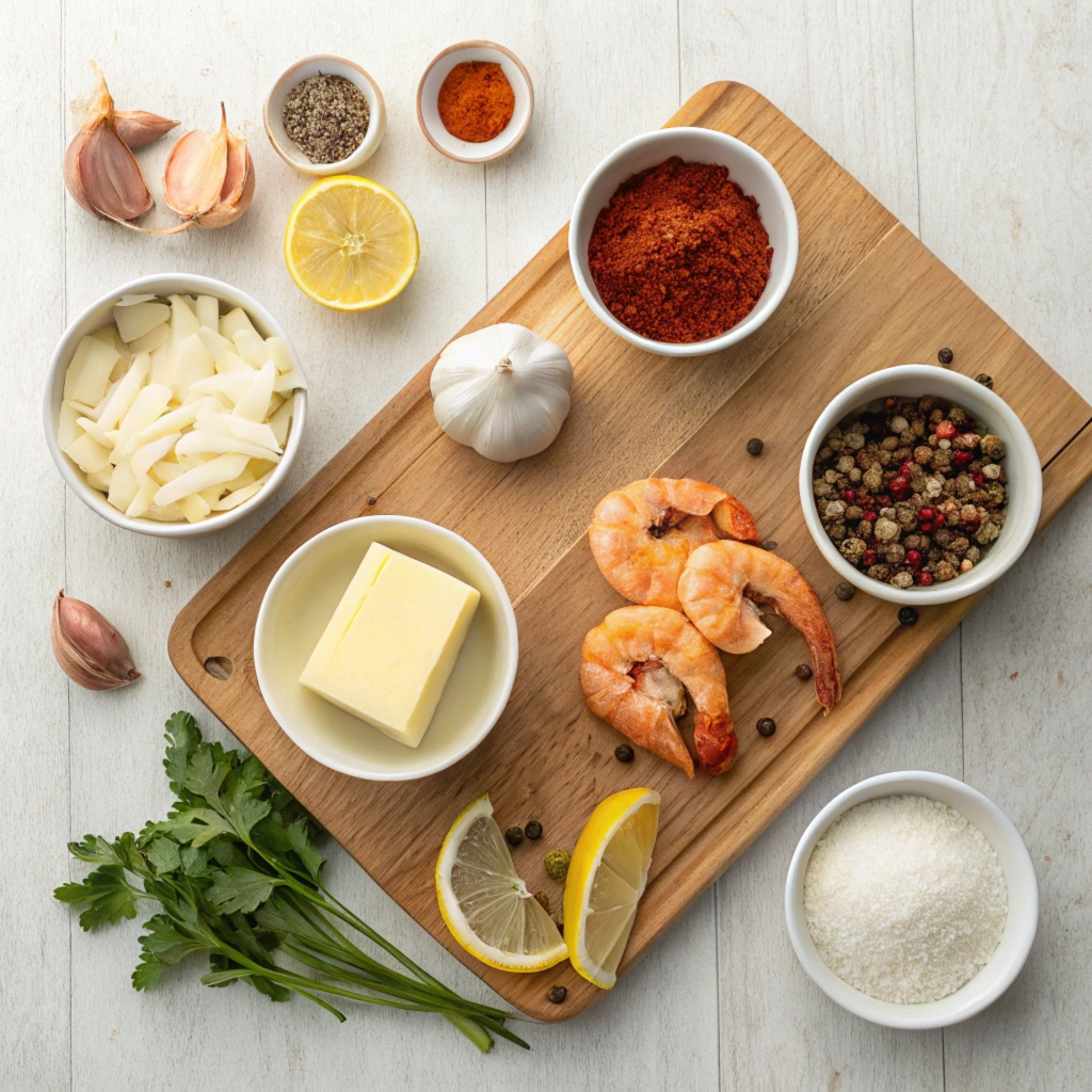 Fresh ingredients for seafood boil sauce on a cutting board.