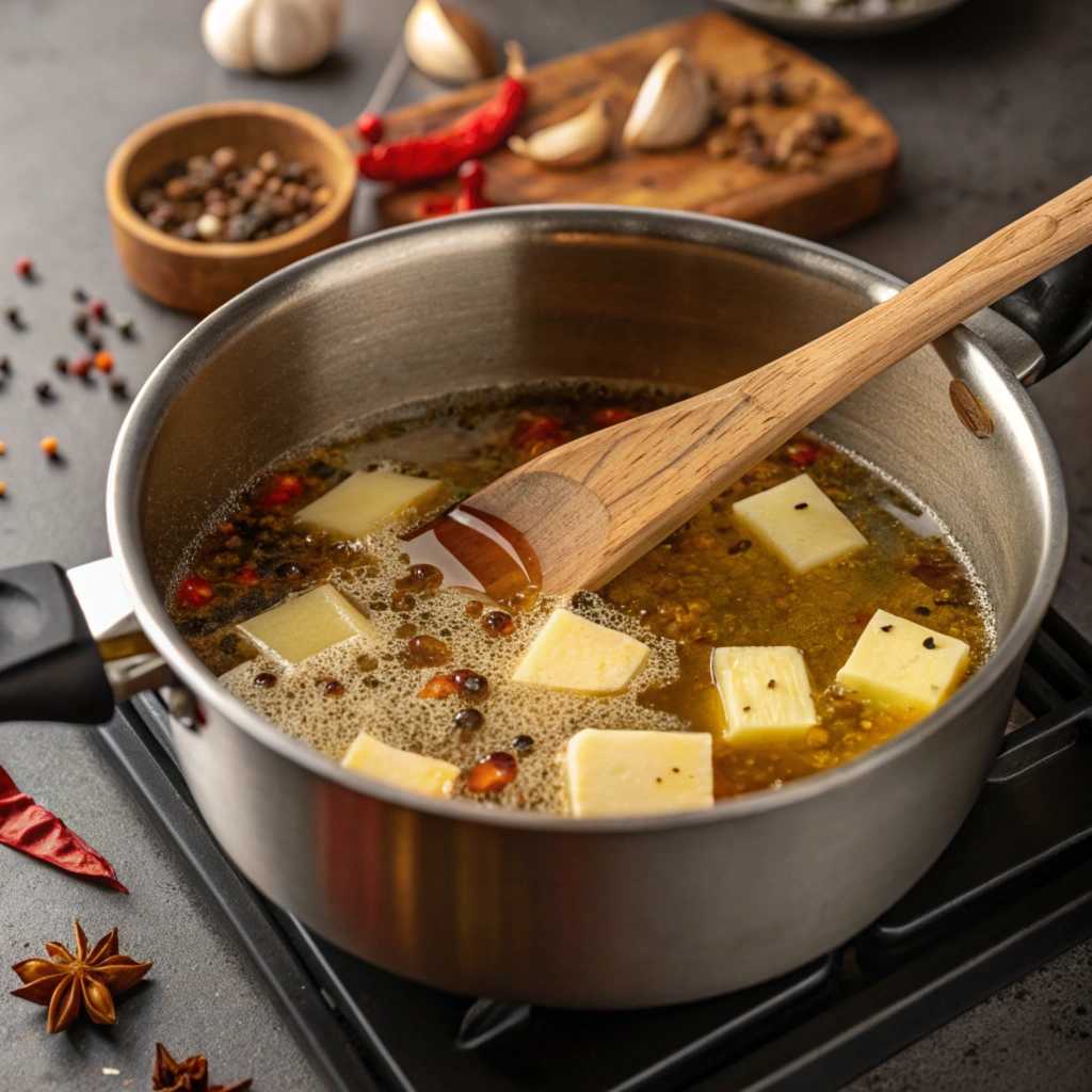 Seafood boil sauce simmering in a saucepan.