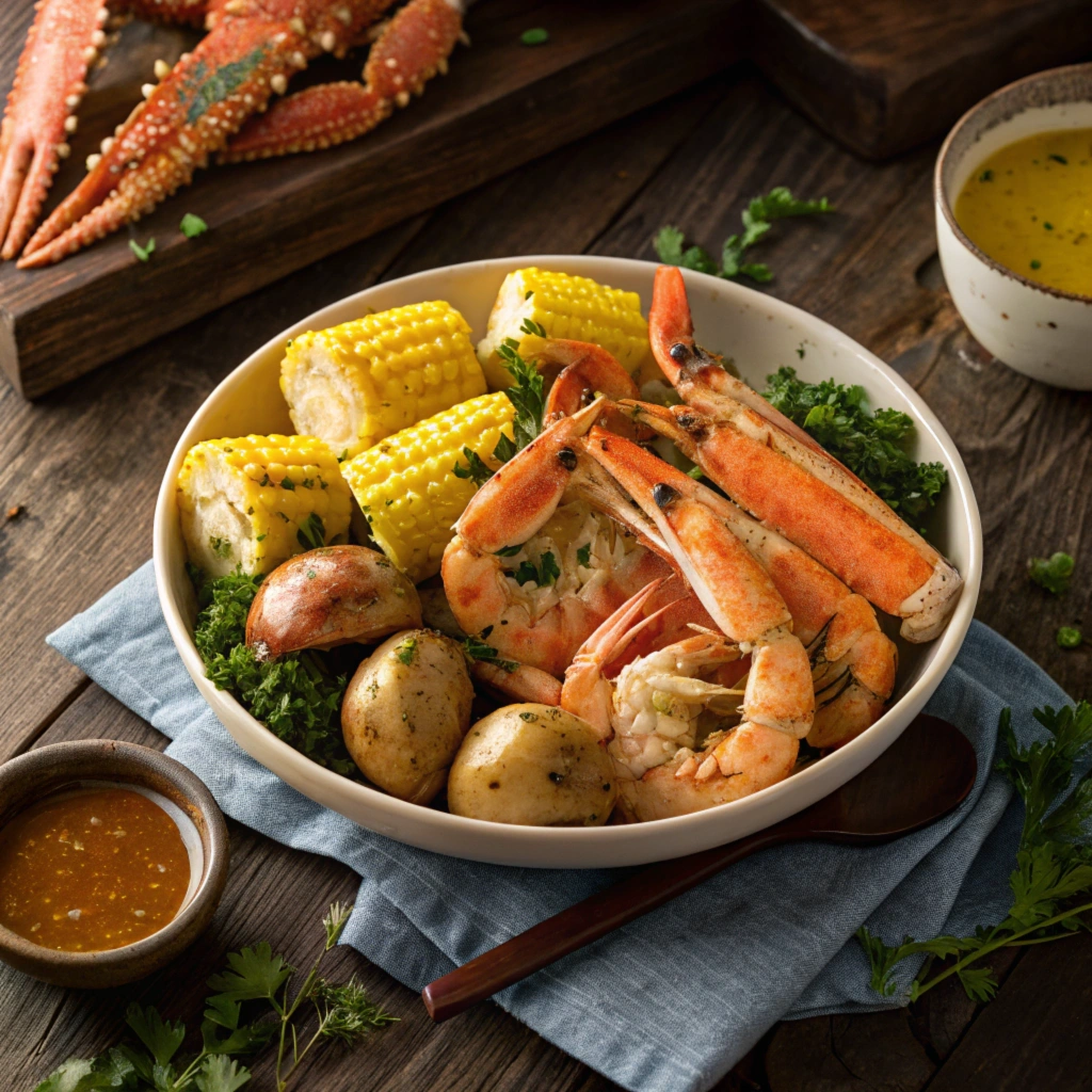 Seafood boil with sauce served on a large platter