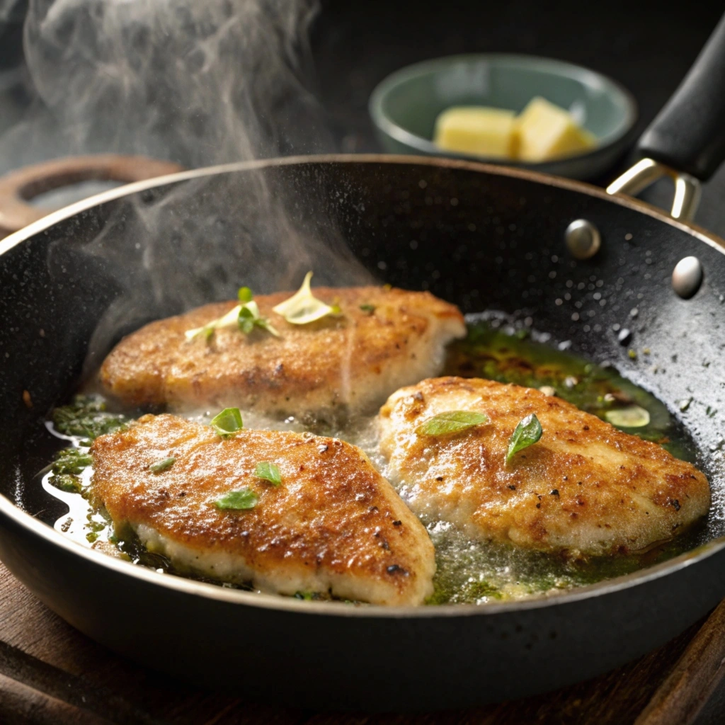 Chicken cutlets seared to a golden brown in a hot skillet with olive oil and butter