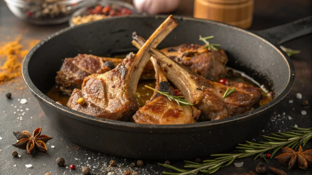 Searing lamb pieces in a pot.