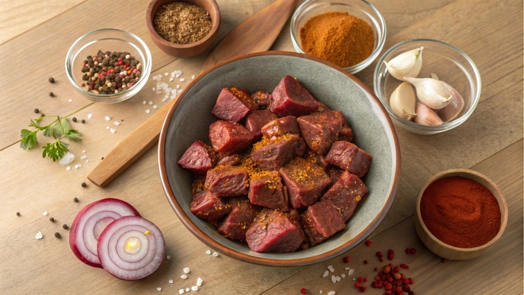 Raw stew meat cubes seasoned with spices in a bowl.