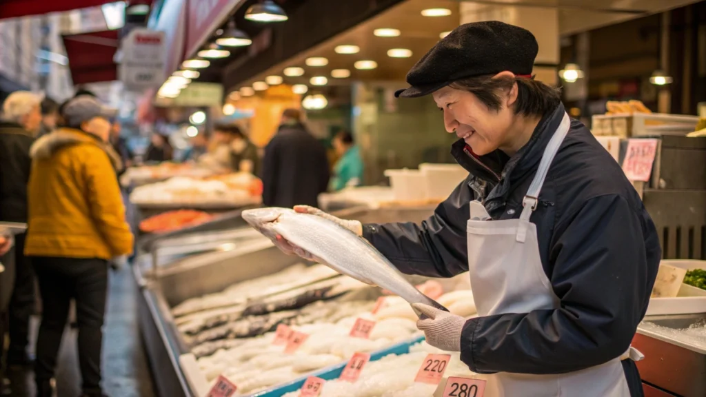 A person selecting fresh white fish at a market