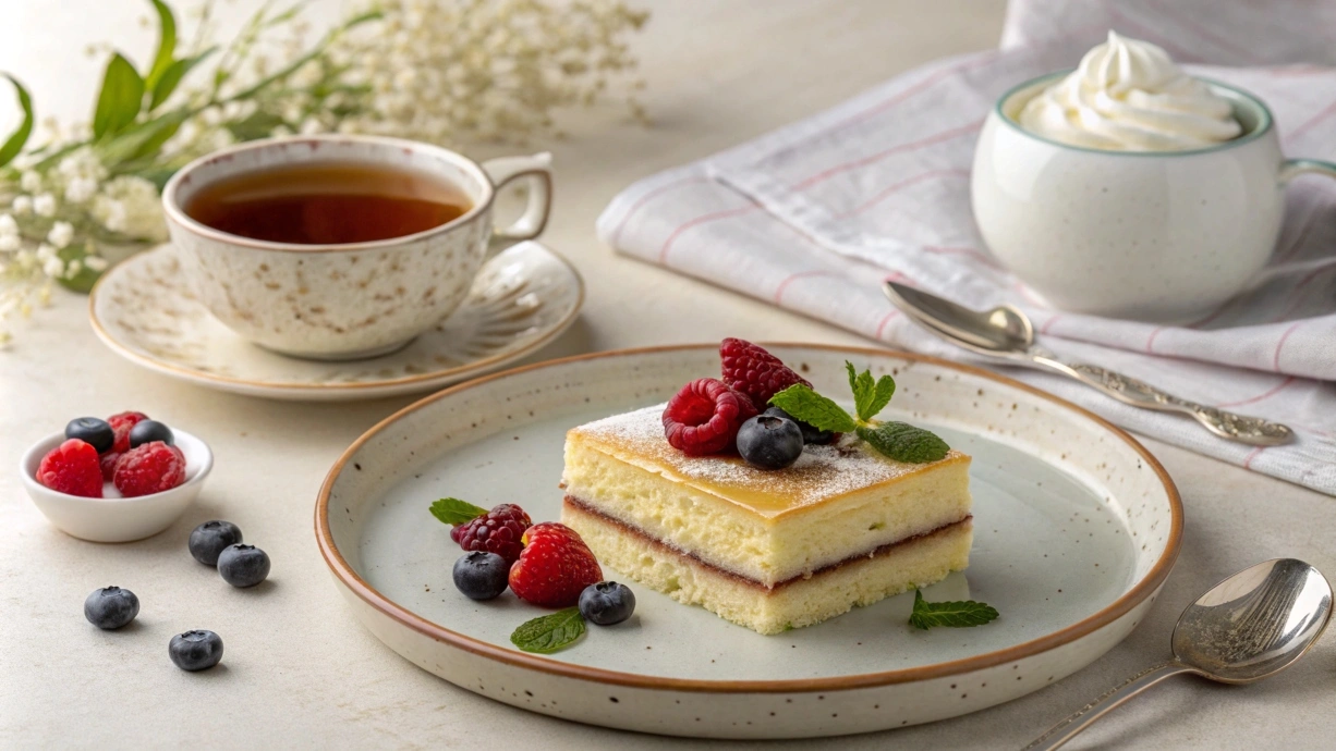 Kefir sheet cake served with tea.